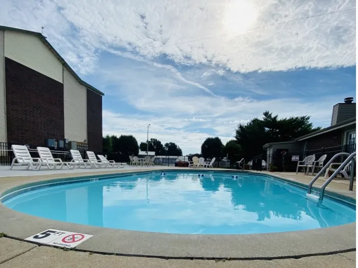 Large oval pool with gentle reflections of the sky, encircled by white lounge chairs and shaded trees, creating a calm atmosphere.