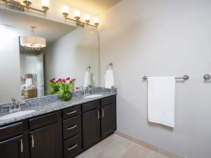 Luxury master bathroom at Chesterfield Lofts in Springfield, MO, featuring a large granite vanity with dual sinks, elegant lighting, and dark wood cabinetry. A spacious mirror reflects the modern apartment's stylish and functional design.