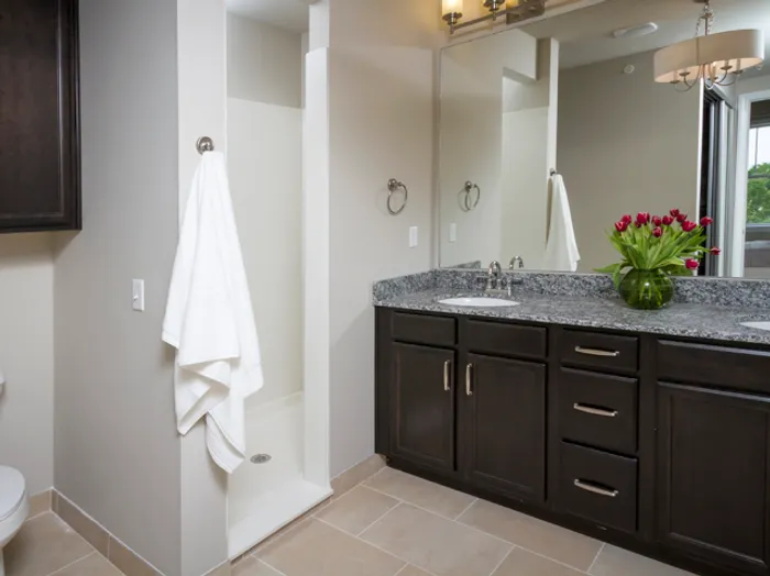 Modern bathroom at Chesterfield Lofts in Springfield, MO, featuring a spacious granite vanity with dual sinks, dark wood cabinetry, and a large mirror with stylish lighting. A walk-in shower with a white surround and tiled flooring completes the upscale bathroom design.