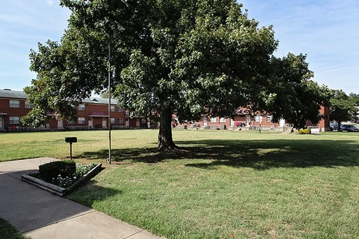 Large grassy courtyard with a mature tree in the center, surrounded by red brick two-story apartment buildings. A sidewalk and small flower bed are visible in the foreground under a clear blue sky.