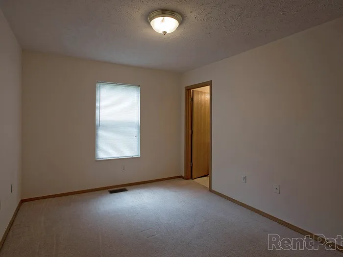 Spacious bedroom with natural light from a single window, plush carpet, and a doorway leading to a spacious closet.