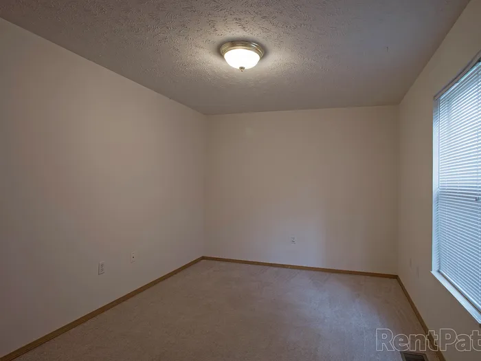 Simple, carpeted bedroom with a blank wall and ceiling-mounted light fixture, providing a customizable space.