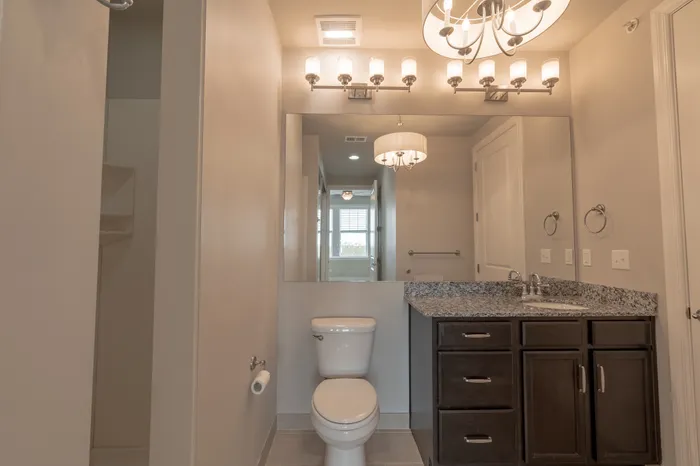 Modern bathroom at Chesterfield Lofts in Springfield, MO, featuring a granite vanity with dark wood cabinetry, a large mirror, and elegant light fixtures. A spacious walk-in shower with built-in shelving provides a sleek, contemporary touch in this upscale apartment.