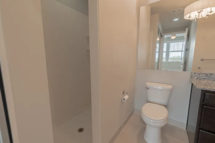 Sleek bathroom at Chesterfield Lofts in Springfield, MO, featuring a walk-in shower, granite vanity with dark wood cabinets, and soft neutral walls. Elegant lighting fixtures and a large mirror enhance the contemporary design of this luxury apartment.