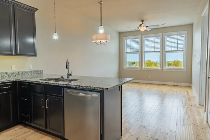 Modern kitchen at Chesterfield Lofts in Springfield, MO, featuring dark wood cabinetry, stainless steel appliances, and a granite island with a deep sink. Pendant lighting and an open layout seamlessly connect to the bright living area, creating a stylish and functional apartment home.