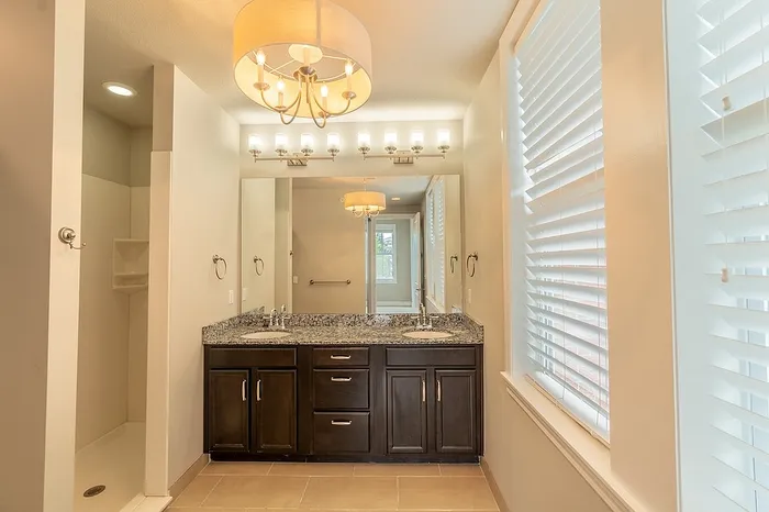 Elegant bathroom at Chesterfield Lofts featuring a granite double vanity with dark wood cabinetry, a large mirror, and a walk-in shower with built-in shelving.
