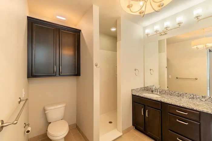 Sleek second bathroom at Chesterfield Lofts featuring a granite vanity, dark wood cabinetry, a walk-in shower, and extra storage with overhead cabinets.