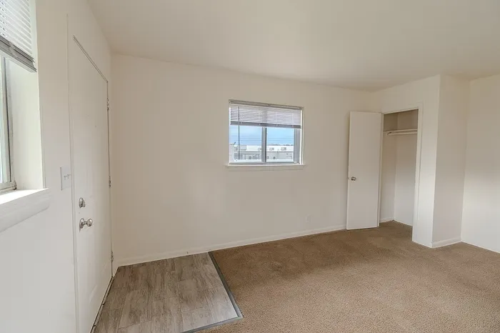 Entry area of an apartment at Village Club Apartments in Springfield MO with wood-look vinyl flooring near the door, transitioning to beige carpet in the living space. A small window is located to the left of the door.