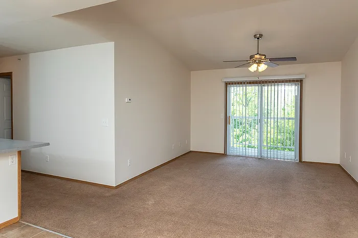Combined living and dining area with neutral tones, large windows, and carpeted flooring, offering flexible layout options in this three-bedroom Lakewood Village apartment.