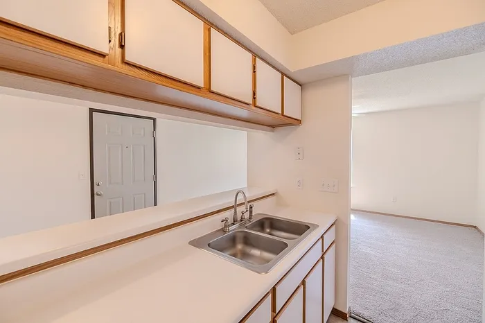 Kitchen counter view at Huntley Ridge East Apartments in Springfield, MO with stainless steel sink, upper and lower cabinetry, and a passthrough window to the living room.