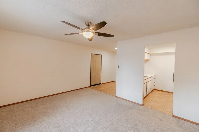 Angle from the living room showing direct access to the galley-style kitchen and tiled entry area, with warm wood trim and a clean, open layout.