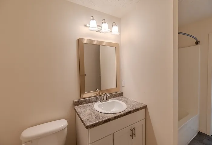Bathroom includes a modern vanity with under-mount sink, brushed nickel faucet, and stylish lighting.