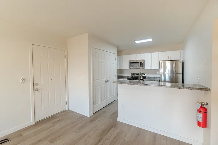 Entryway view into the kitchen with stainless appliances and a large pantry closet in a renovated Battlefield, MO apartment.