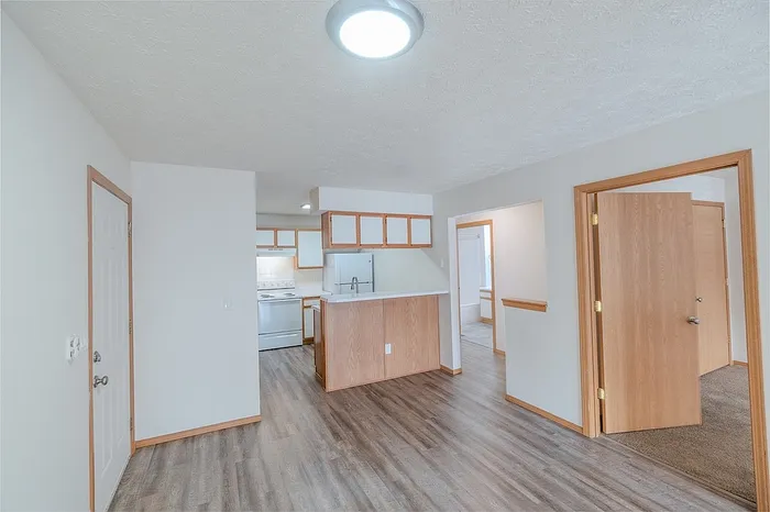 Bright and welcoming open-concept apartment featuring a contemporary kitchen with wooden cabinetry and stylish flooring.