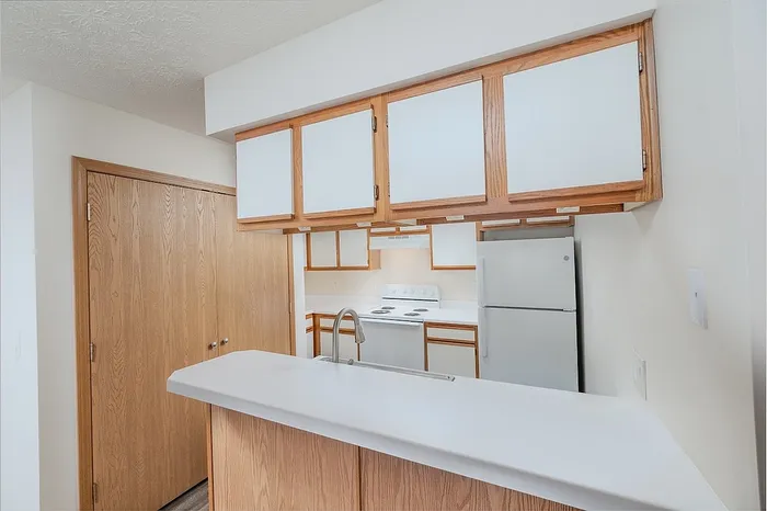 Bright, modern kitchen with sleek white countertops, ample wooden cabinetry, and sleek silver appliances creating an inviting space.