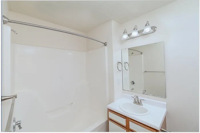 Bright, modern bathroom featuring a sleek shower-tub combo, elegant lighting, and a spacious vanity with a large mirror.