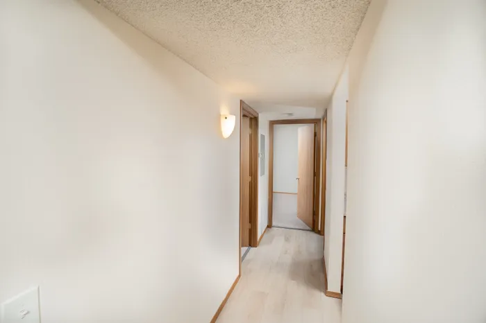 Interior hallway at Catalpa East Apartments in Springfield, Missouri, with light flooring, neutral walls, and access to bedrooms and bathroom.