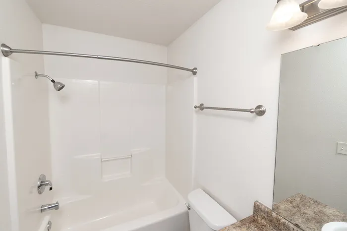 Bright and inviting bathroom featuring a sleek bathtub with overhead shower, elegant marble countertop, and modern fixtures.