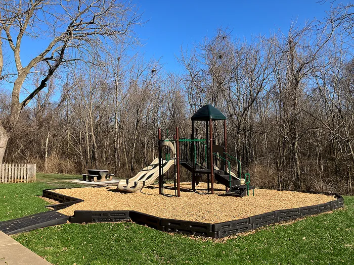 Charming outdoor playground with a slide and climbing structure, nestled in a serene, wooded area perfect for family fun and adventure.