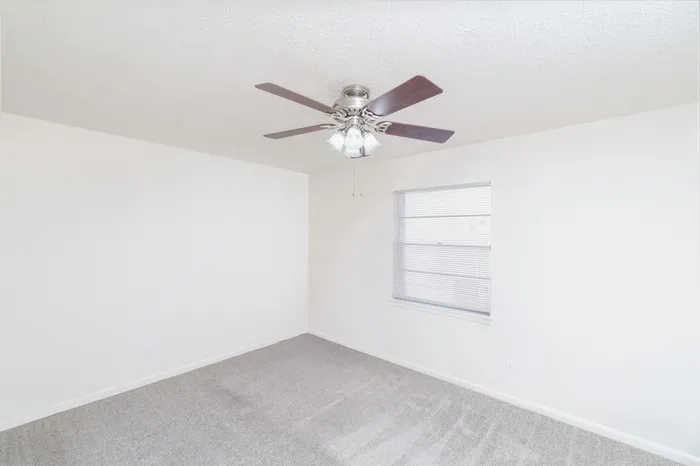 Bright, freshly painted empty room with plush carpet and modern ceiling fan, perfect for customization.