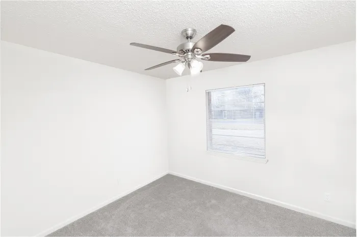 Bright bedroom corner with neutral carpet, white walls, ceiling fan with light, and a window with blinds allowing natural light at Seminole North Apartments.