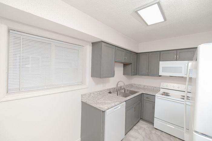 Chic modern kitchen with sleek grey cabinets, granite countertops, and contemporary appliances.