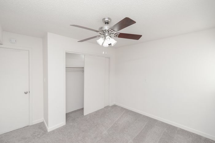 Bright bedroom with plush carpet, ceiling fan, and spacious closet in a modern apartment setting.