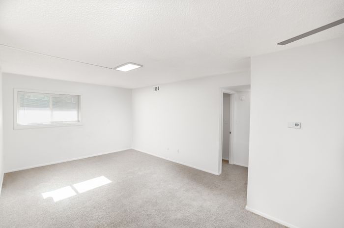 Spacious carpeted living room with white walls, overhead ceiling light, wall thermostat, and a doorway leading to the hallway.