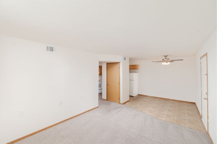 Bright and spacious apartment interior featuring an open living area, modern kitchen appliances, and elegant ceiling fan.