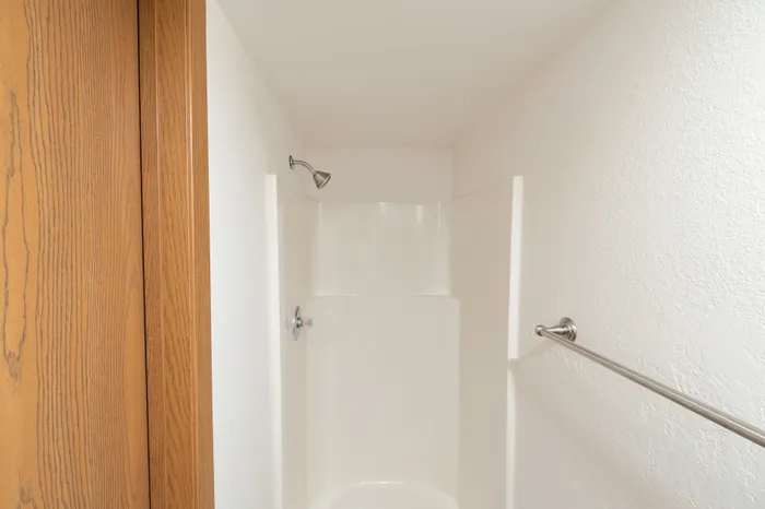 Modern bathroom shower with sleek fixtures and warm wooden accents, emphasizing comfort and style.