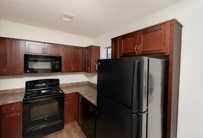 Kitchen with black refrigerator, electric stove, dishwasher, laminate counters, and wood cabinets.