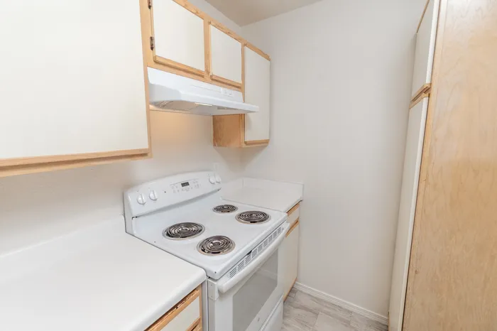 Galley kitchen with electric range, vent hood, upper cabinets and light countertops