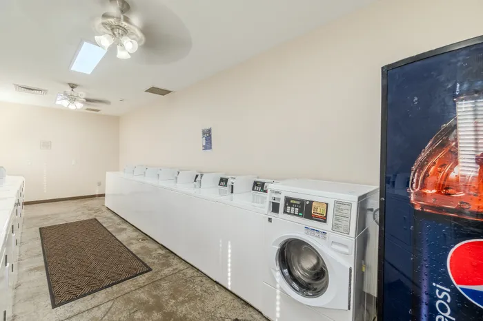 Bright and spacious laundry room featuring rows of modern washing machines under elegant ceiling fans.