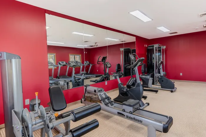 Modern fitness room with vibrant red walls, equipped with treadmills, exercise bikes, and a WaterRower, ideal for an active lifestyle.
