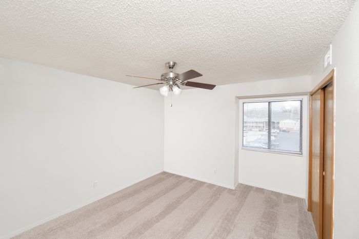 Carpeted bedroom with ceiling fan, closet, wood trim doors, and neutral walls.