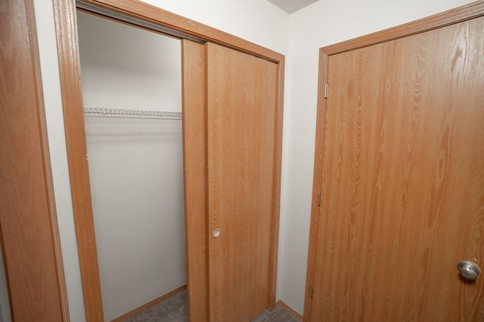 Walk-in closet with sliding doors, wire shelving, carpet, and wood trim.