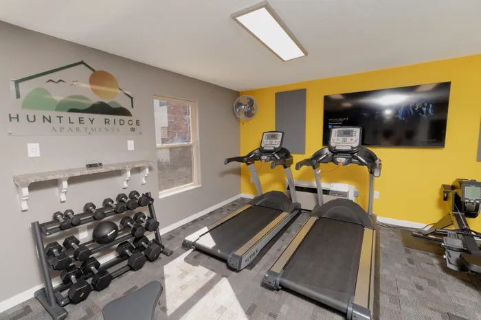 Huntley Ridge fitness center with treadmills, free weights, workout bench, and mounted TV in bright, modern space.