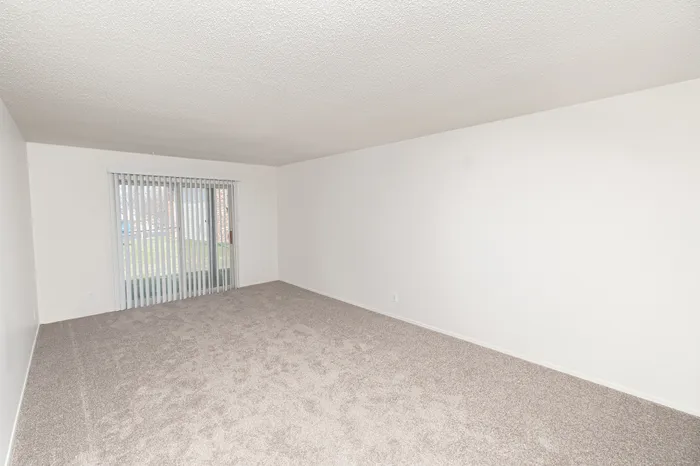 Spacious Hillcrest 90 living room with plush carpet, neutral walls, and sliding glass door with vertical blinds leading outside.