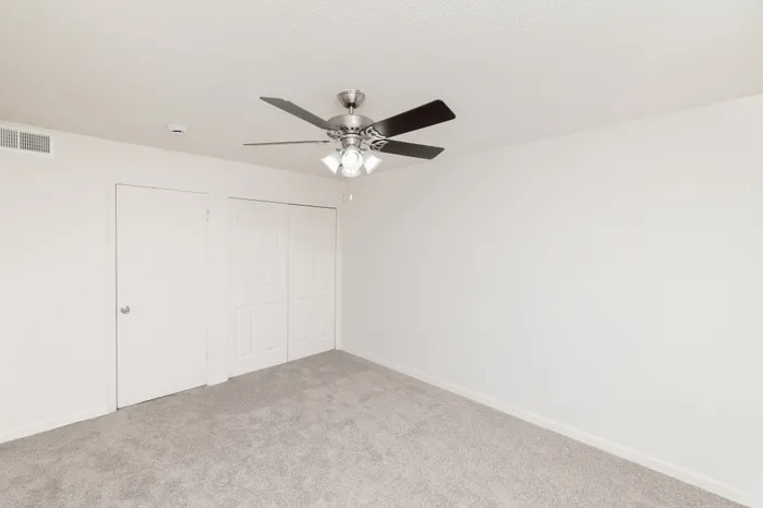 Bedroom closet with double doors, carpet flooring, and built-in hanging rod with shelf for organized storage.