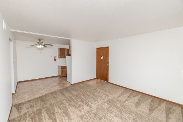 Open living area with carpet flooring, white walls, and view into kitchen and dining space with tile-like flooring.