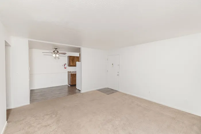 Open living area with plush carpet, white walls, entry door, and wide opening to kitchen and dining space with vinyl flooring.
