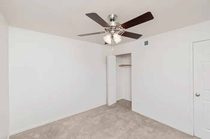 Spacious bedroom with plush carpet, ceiling fan, and open closet with hanging rod and shelving.