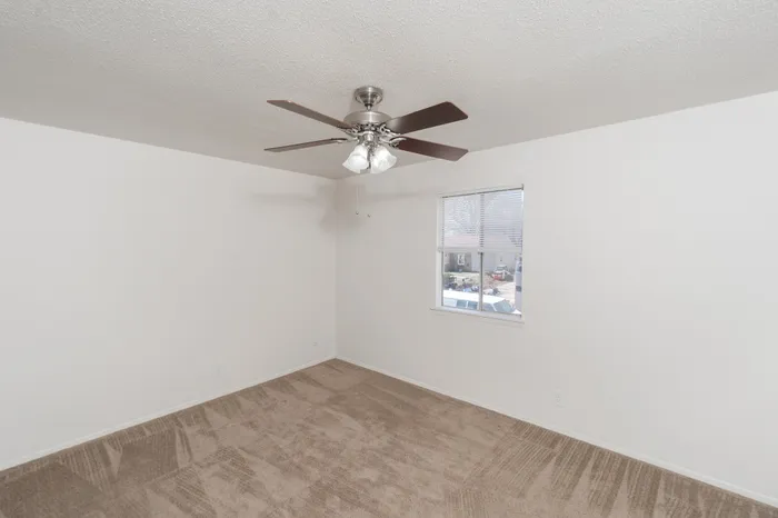 Bright bedroom with ceiling fan, carpet flooring, and window with natural light and blinds