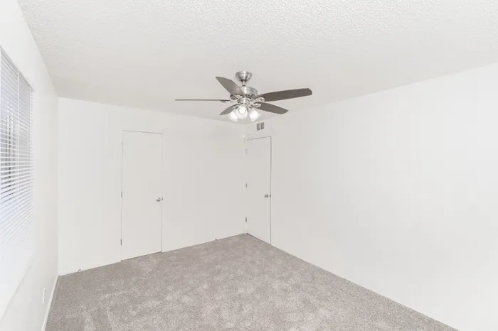 Bright, spacious room with fresh carpet, modern ceiling fan, and abundant natural light through large window.