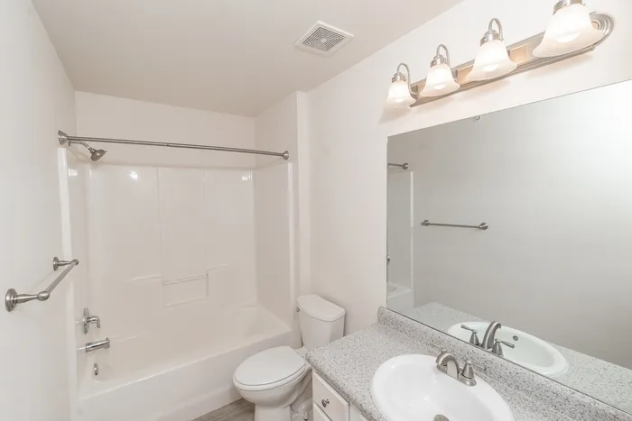 Bathroom in Plainview Park 1 bedroom apartment with tub shower combo, large vanity, mirror, modern lighting, and vinyl flooring
