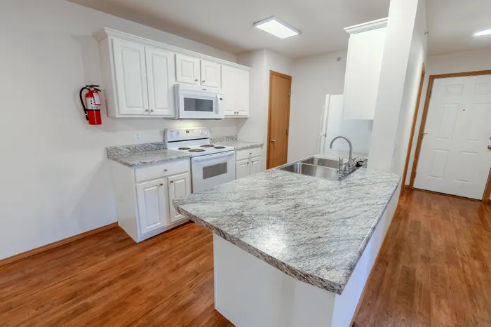 Modern kitchen with sleek granite countertops, elegant white cabinetry, and stainless steel appliances perfect for culinary exploration.