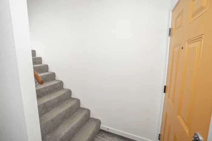 Entryway with staircase, carpeted steps, wood handrail, and modern front door in Dryden Place Townhomes