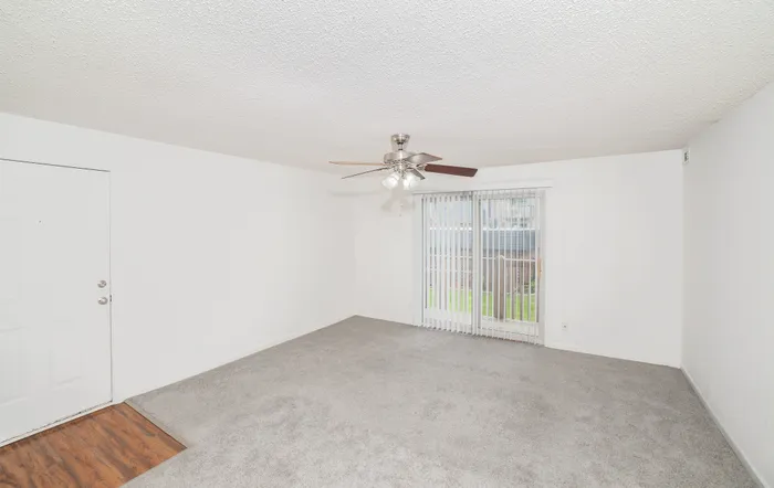 Bright and open living room at Rosewood Village Apartments featuring soft gray carpet, white walls, ceiling fan with light fixture, and sliding glass door access with vertical blinds allowing natural light into the space.