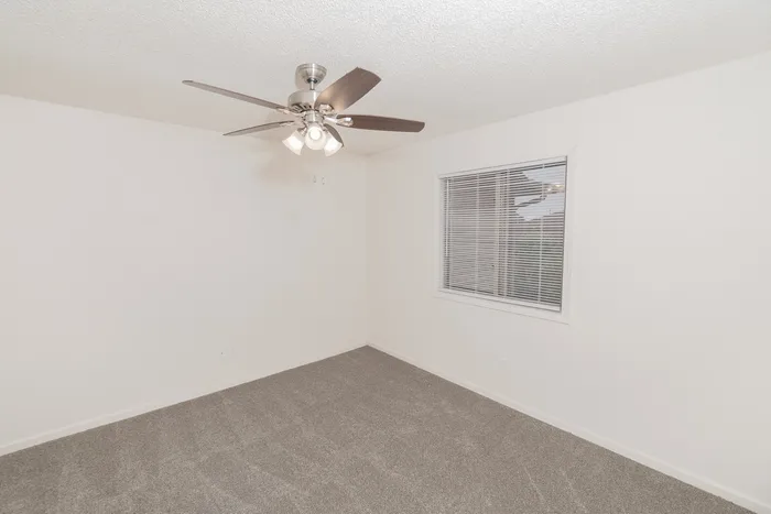Spacious bedroom at Quail Ridge East Apartments with plush carpeting, ceiling fan with lighting, white walls, and window with blinds for natural light.