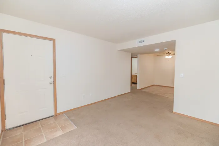 Inviting apartment entrance showcasing a spacious living area with soft carpeting, modern lighting, and a welcoming layout.